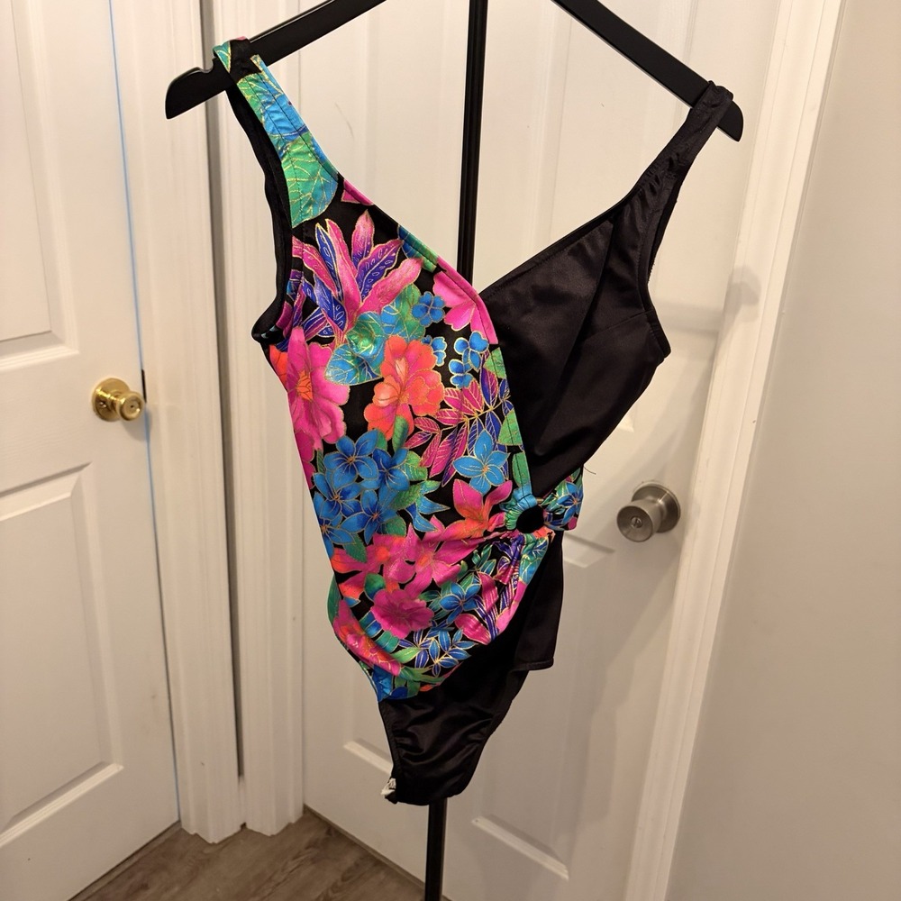 Vintage 90s Jantzen Classics Neon Floral One Piece Swimsuit 12 Retro USA Classic